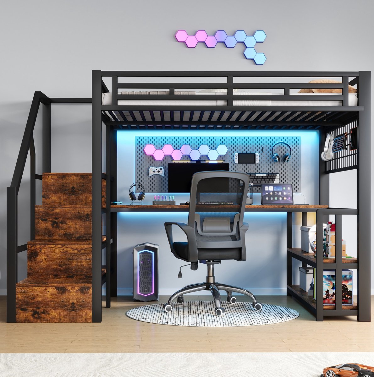 WUVRIE Hoogslaper 140x200 cm met bureau, opbergruimte, LED en USB/Type-C, zwart