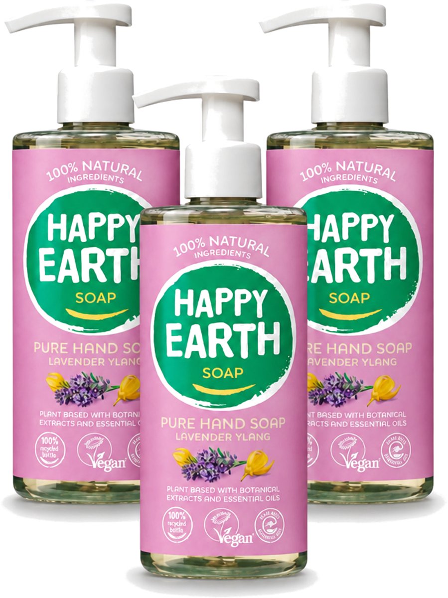 3 x Happy Earth – Handzeep – 100% Natuurlijk Lavender Ylang – 300 ml - Voordeelverpakking - 3 stuks