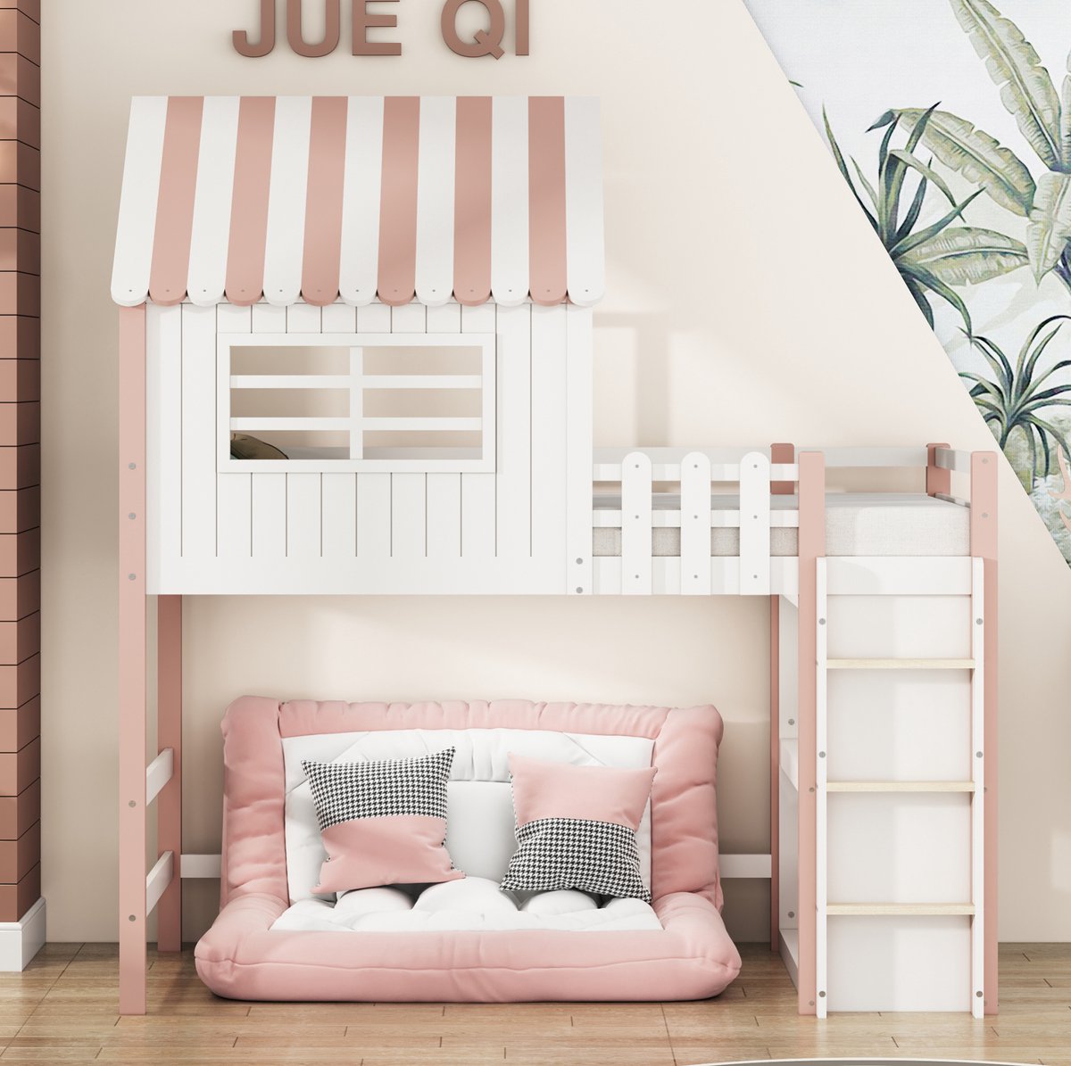 WUVRIE Hoog-laagbed 90x200 cm met dakvorm, veiligheidsladder, lattenbodem en opbergruimte, roze