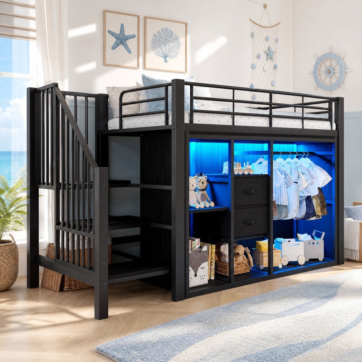 WUVRIE Halfhoogslaper 90x200 cm met 2 lades, open kledingkast, opbergruimte en meerkleurige LED, zwart
