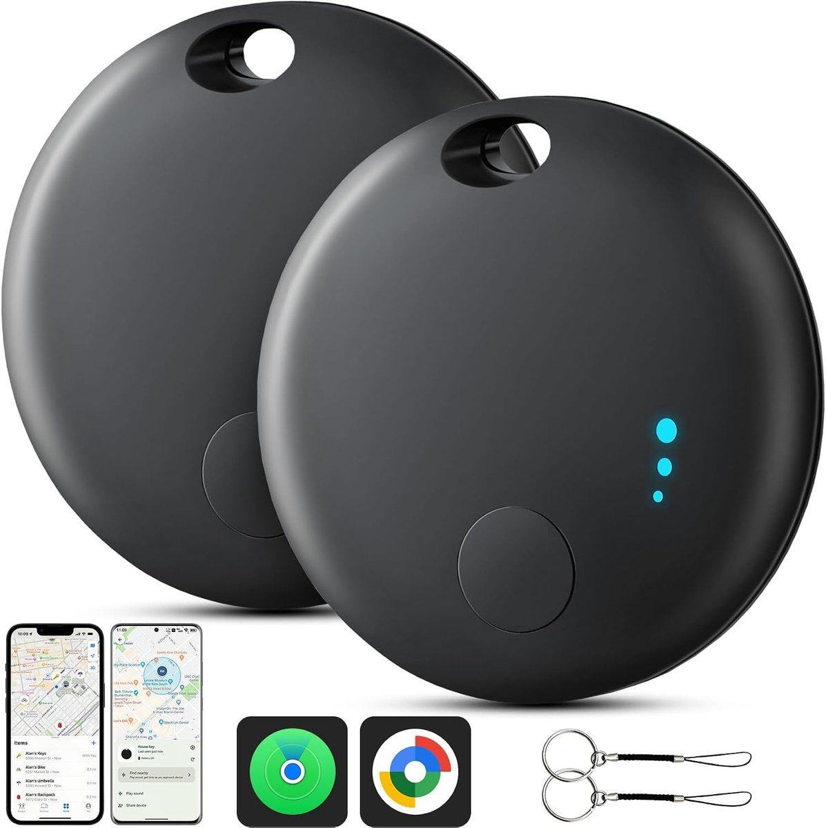 Android of iOS, 2 stuks, dubbel systeem, sleutelvinder, compatibel met iOS/Android-apparaten, Bluetooth Key Tracker Smart Tracker voor sleutels, bagage, koffer (zwart)