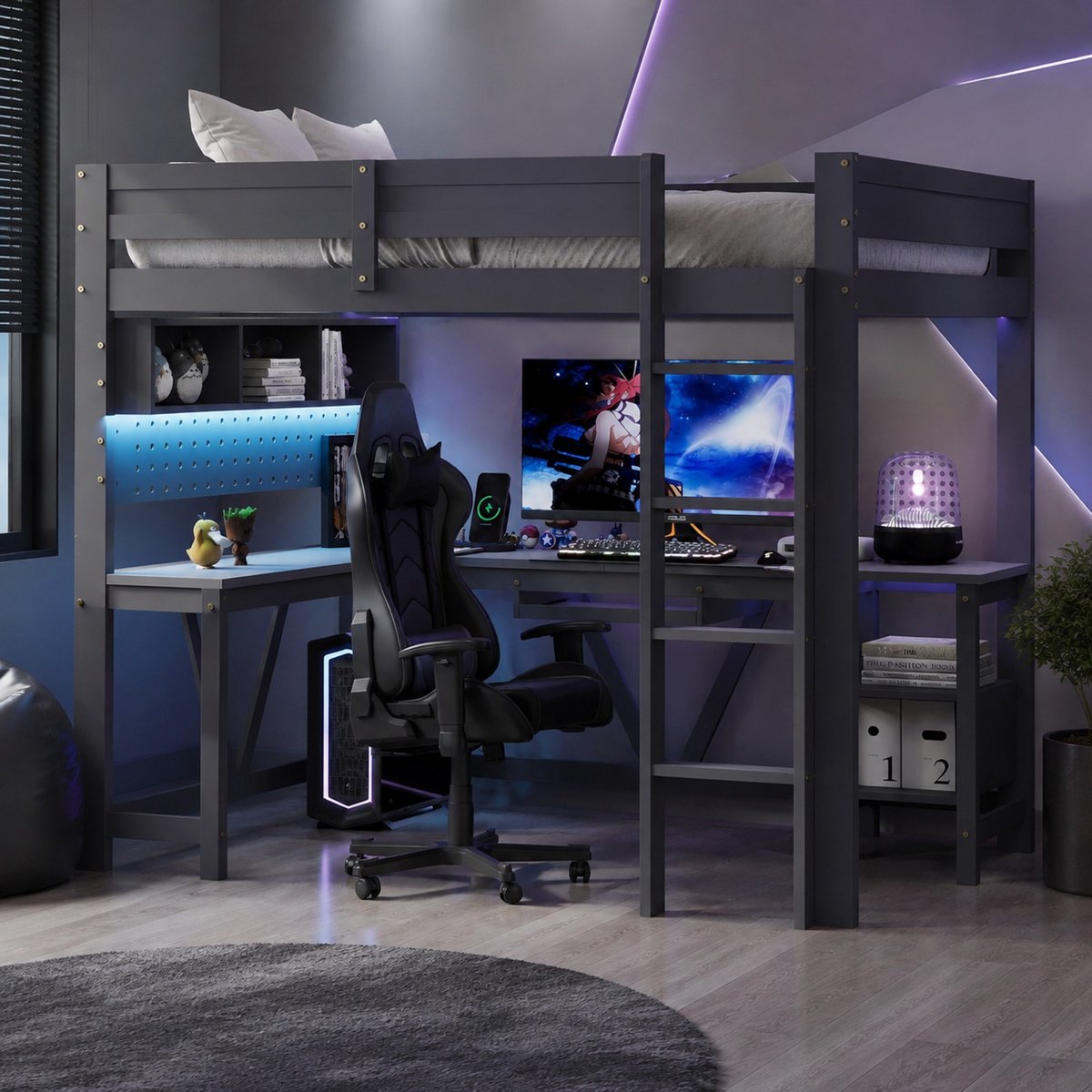 WUVRIE Hoogslaper 90x200 cm met bureau, opbergvakken, LED-verlichting, laadstation en ladder, grijs