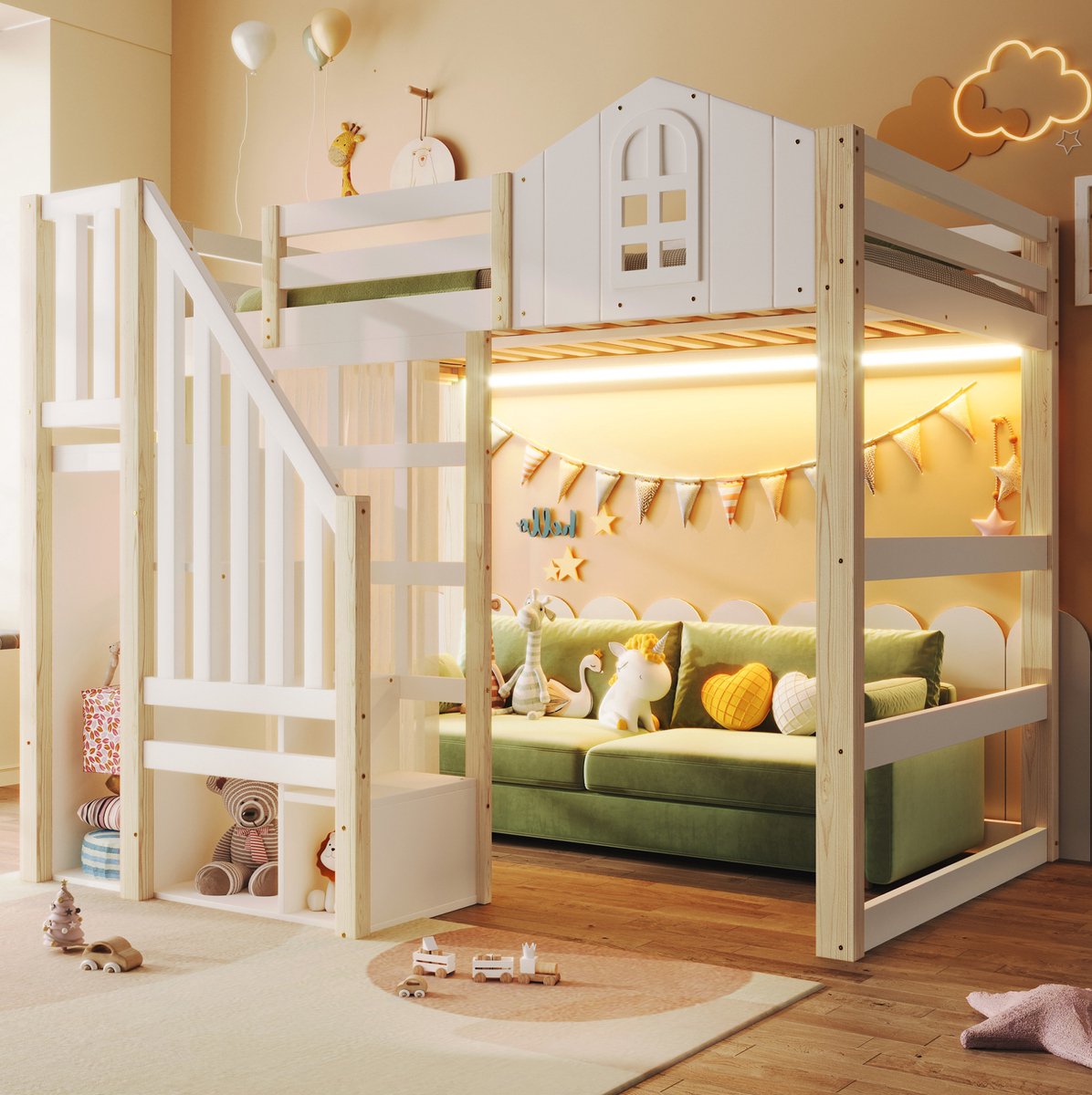 WUVRIE Hoogslaper 140x200 cm met LED, opbergtrap, gordijn en open ruimte, wit/naturel
