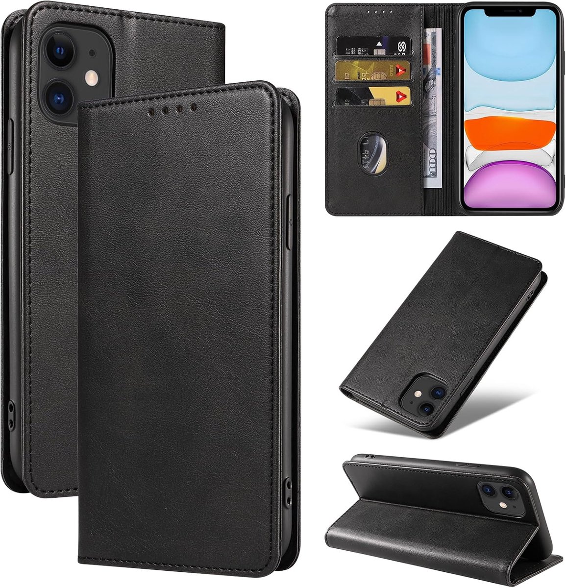Beschermhoes voor iPhone 11, premium PU-lederen hoes, flip case, portefeuille, magneetsluiting, beschermhoes met standaard voor iPhone 11 (zwart)