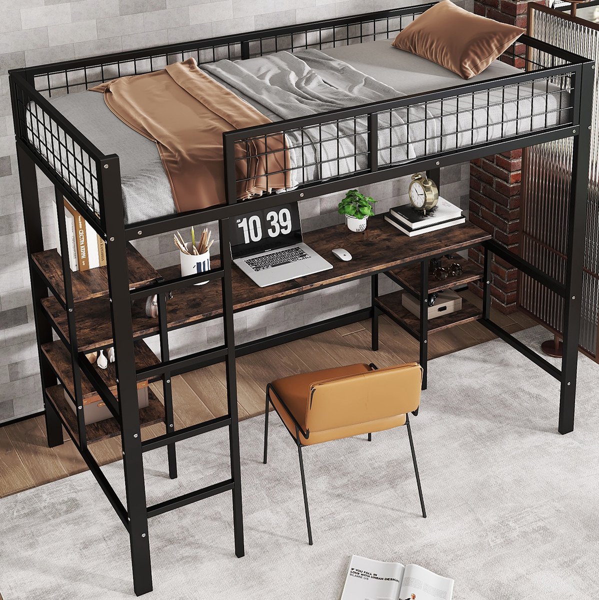 WUVRIE Hoogslaper 90x200 cm met bureau, opbergrek en 4-treeds ladder, zwart