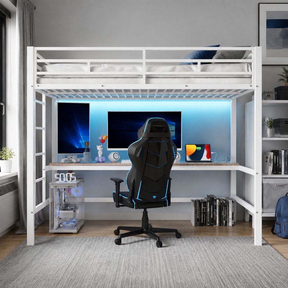 WUVRIE Hoogslaper 90x200 cm met bureau, ladder, LED-lichtstrip, USB en stopcontact, wit