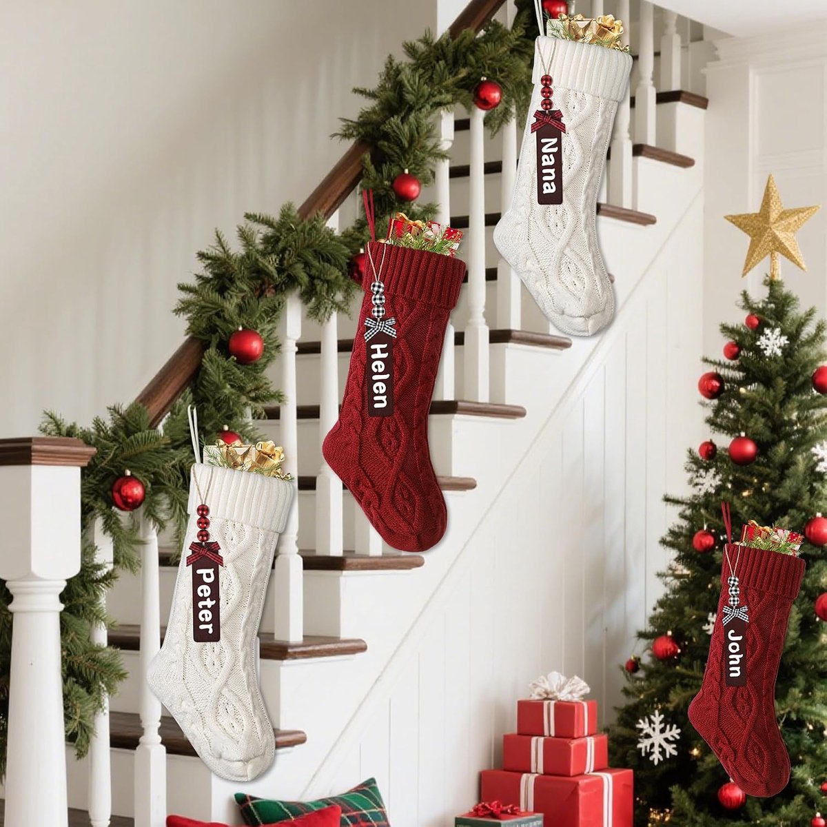 Kousen, 18 inch gebreide kousen met naamlabels kerstkousen voor kerstvakantie feestdecoratie (2 rood + 2 wit)