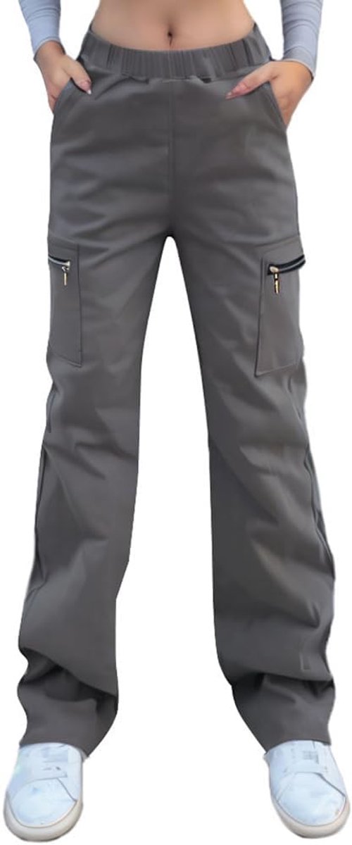 Vrouwen Wijde Pijpen Combat Cargo Broek met Rits Zakken Stretch Hoge Taille Werk Lange Lange Broek Losse Fit Lounge Wear Y2K Tiener Meisjes Streetwear Casual