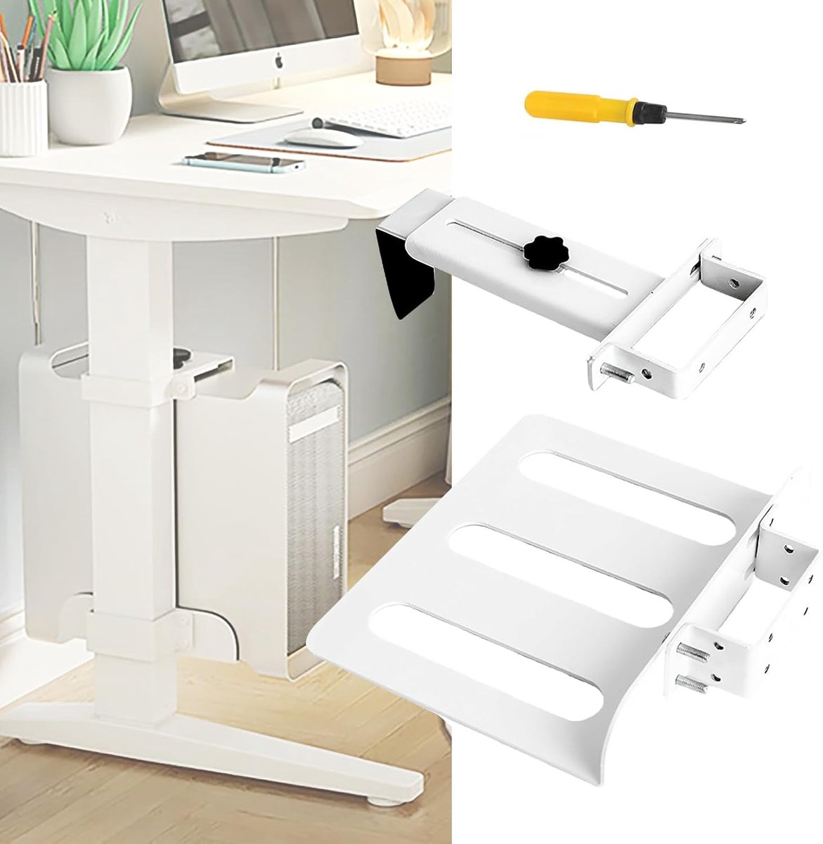 Onder bureau, witte pc-houder voor ondertafel, zonder boren monteerbaar, hoogte en breedte verstelbaar, 18 kg draagkracht, alleen voor tafelpoten 65 × 45 mm (l x b), eenvoudige