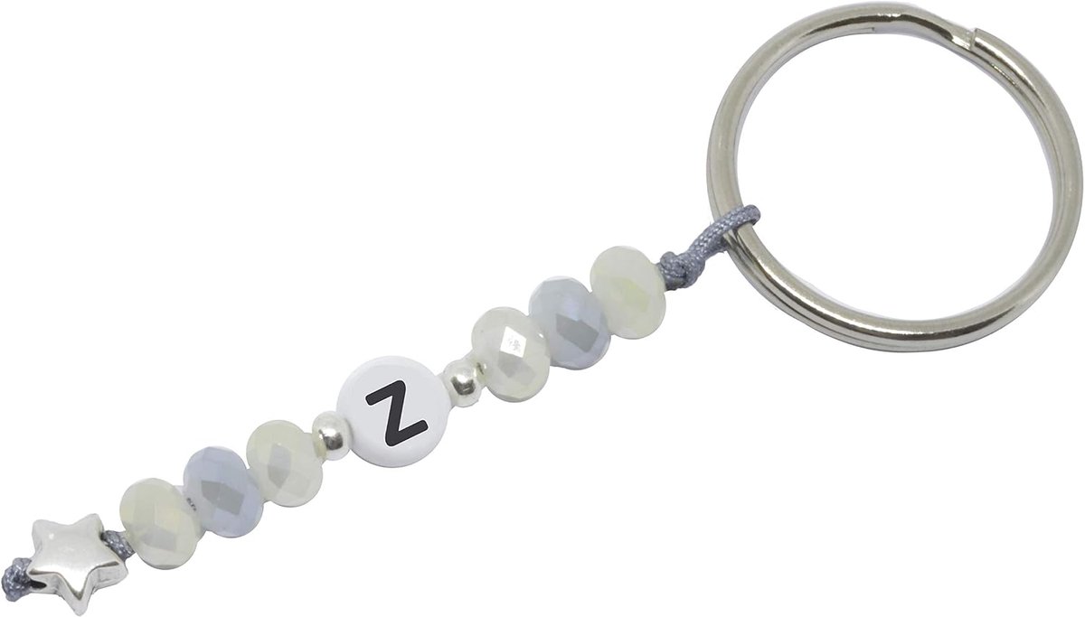 Sleutelhanger met letters en geslepen glazen kralen in crème, grijs, zilver handgemaakt met ster