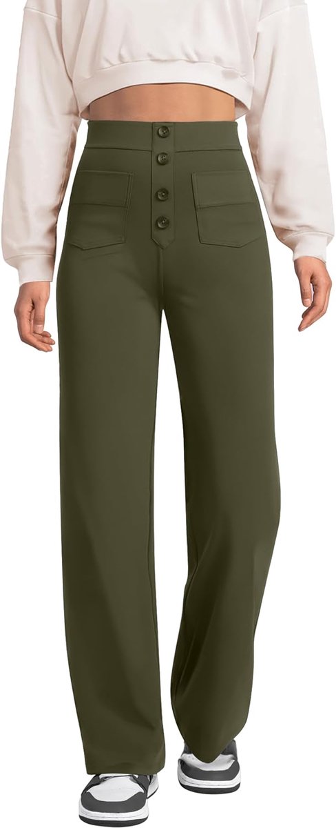 Brede broek dames hoge taille sportbroek knoop rechte broek met zakken elastische vrijetijdsbroek