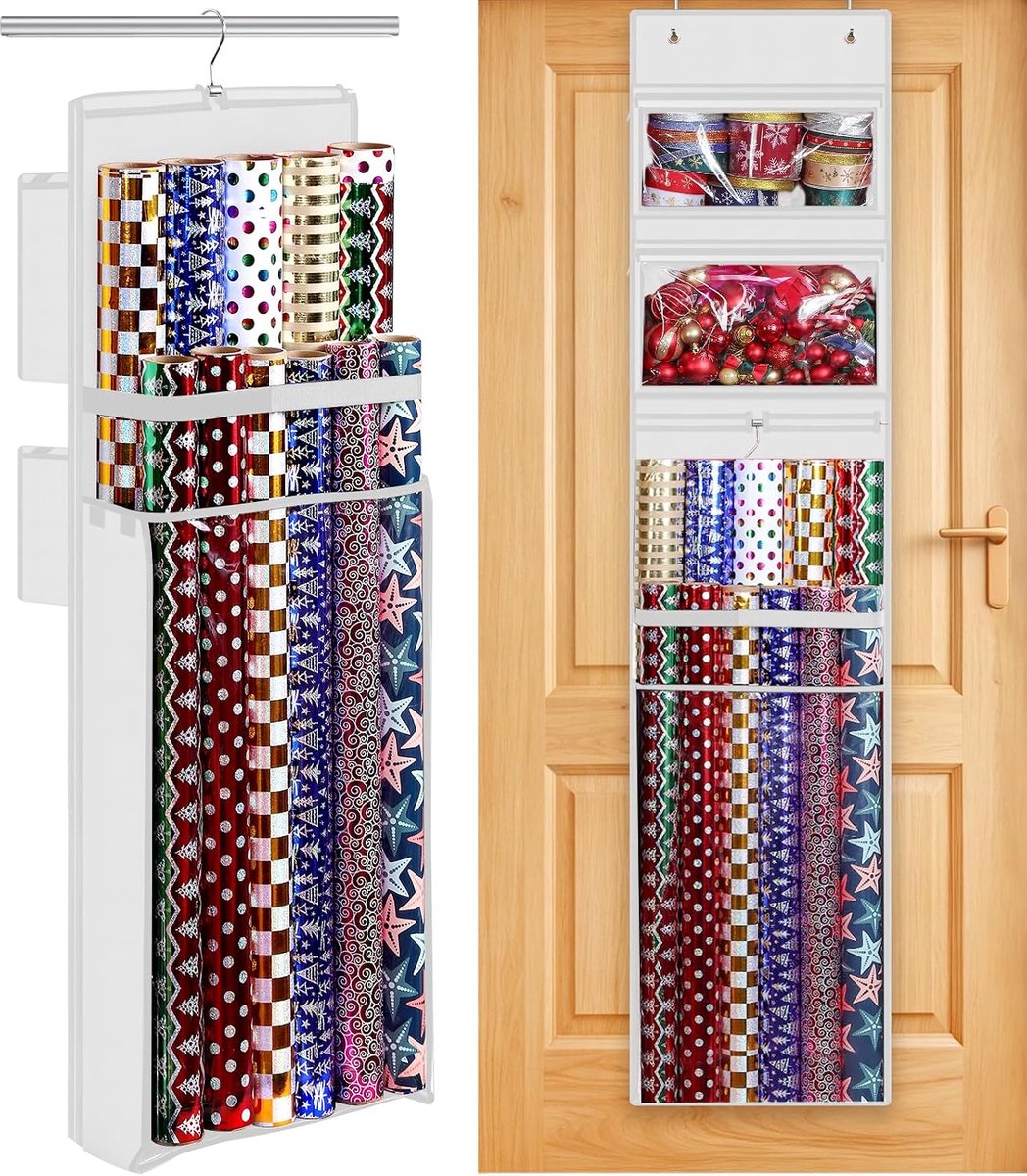 Inpakpapier Organizer Opslag, Dubbelzijdige Opknoping Gift Wrap Roll Houder voor Kerstmis, 160 x 33 cm Over Deur Present Bag Container voor Kamer Kast, Wit Wrapper Station voor Verjaardag