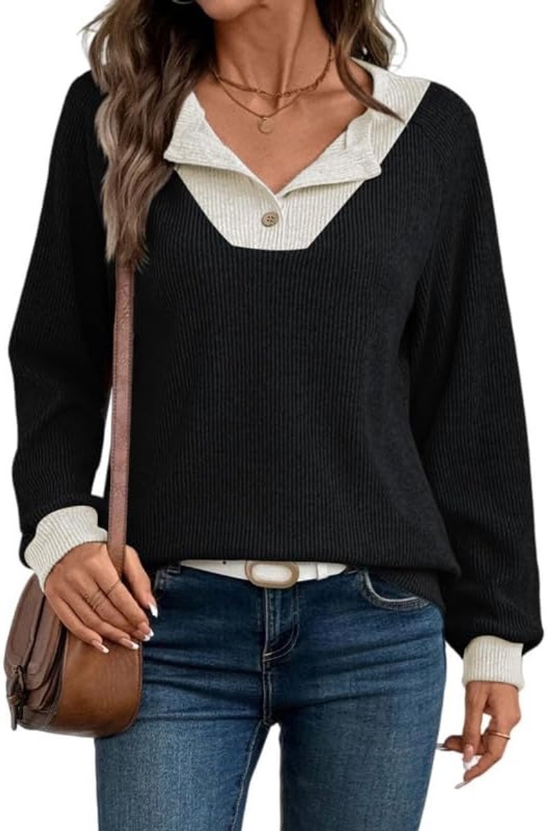 Sweatshirt dames zonder capuchon vintage tweekleurig casual V-hals pullover lange mouwen elegante sweatshirts met knopen herfst winter trui basic zacht T-shirt voor elke dag