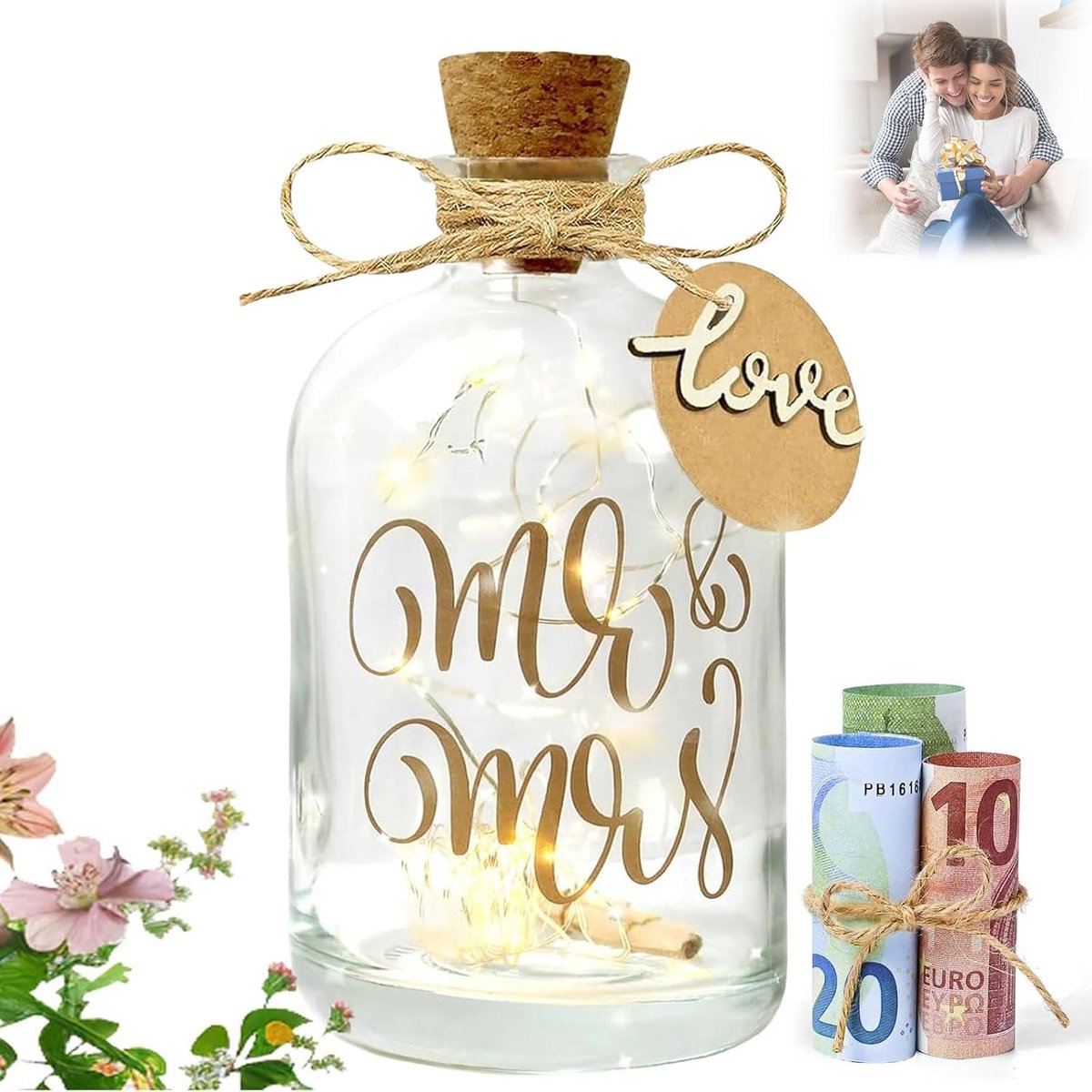 Flessenlicht voor bruiloft, wensvuller, geldgeschenken, huwelijksverpakking, lichtfles voor bruidspaar, verliefden, verpakkingen, huwelijksgeschenken, geld, gepersonaliseerde bruiloftskassa