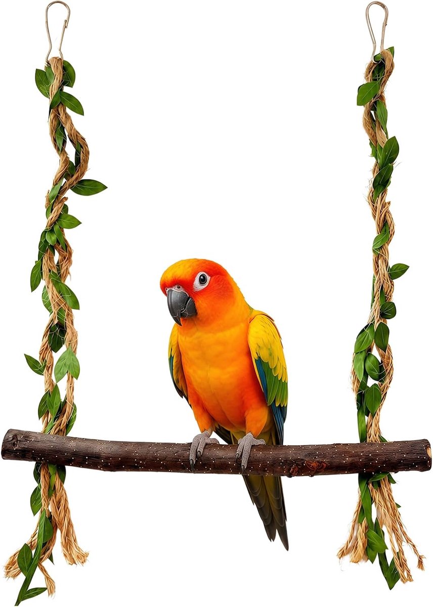 Parkietenspeelgoed van natuurlijk hout, schommel en zitstokken, vogelkooi-accessoires voor papegaaien, parkieten, kanarievogels en kleine middelgrote vogels, activiteitsspeelgoed, vogelschommel