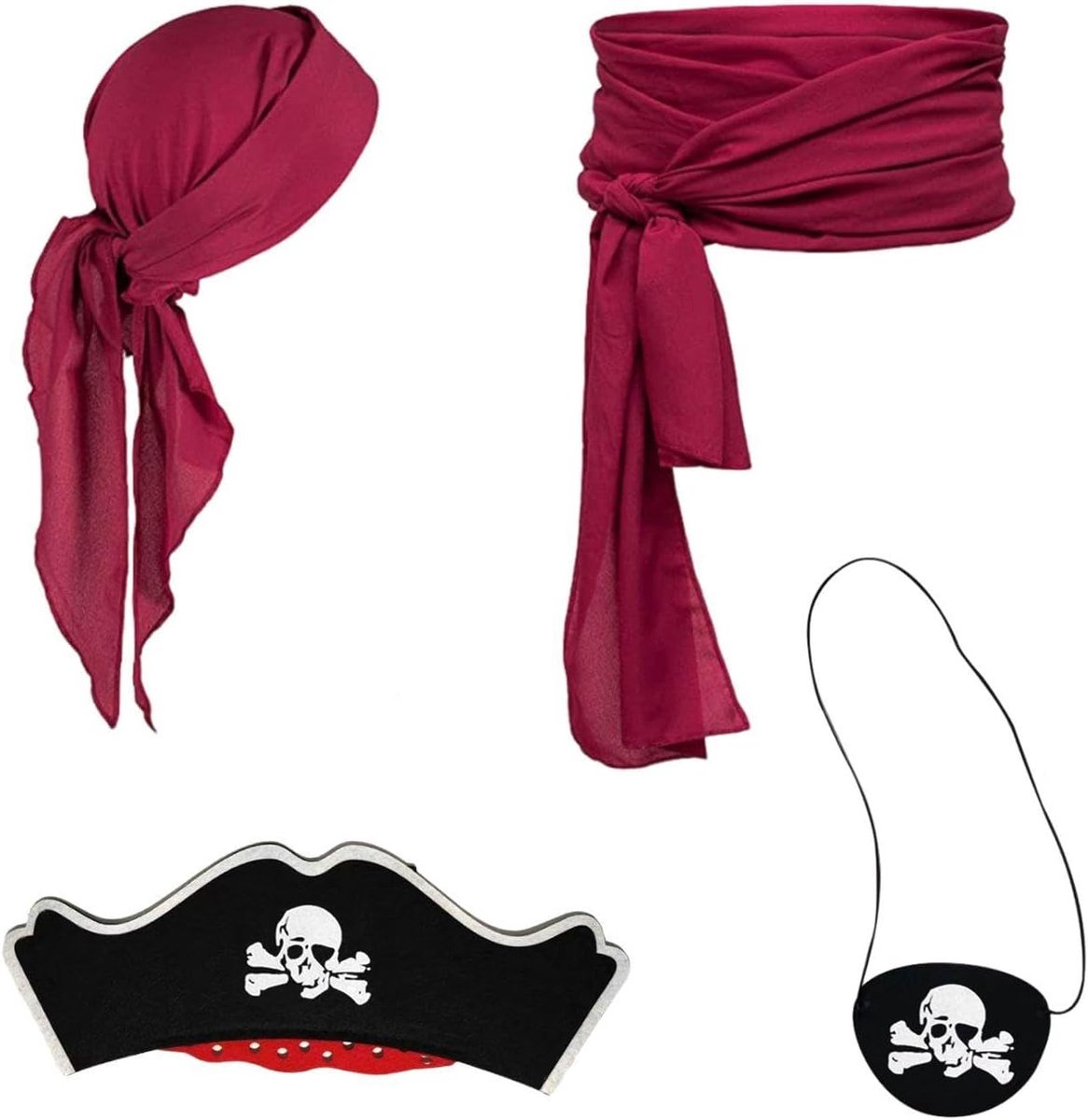 1 x piratenbandana, 1 x piratenriem, 1 x doodskop-blinddoek, 1 x piratenhoed, piratenaccessoires, piratenaccessoires voor vrouwen, piratensjaal