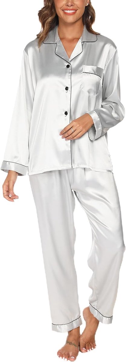 Damespyjama van zijde, 2-delige satijnen pyjama's met lange mouwen en knopen en bijpassende broek, lichte en ademende nachtkleding voor dames voor thuis