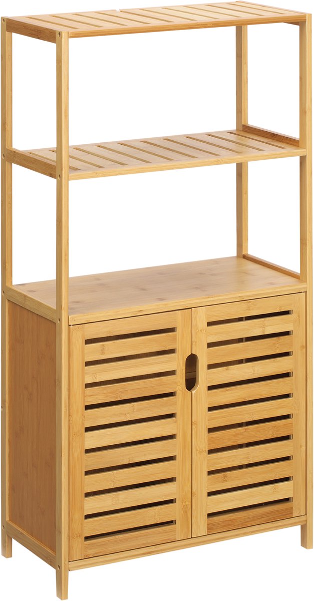 Badkamerkast, badkamercommode met lamellendeuren, badkamerrek, van natuurlijk bamboehout