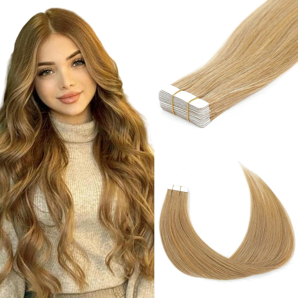 Haarextensies, echt haar, naadloze Remy-haarextensies, onzichtbaar, steil, tape-in haarextensies, menselijk haar, gladde haarverlenging (27#, 40 cm - 40 g)