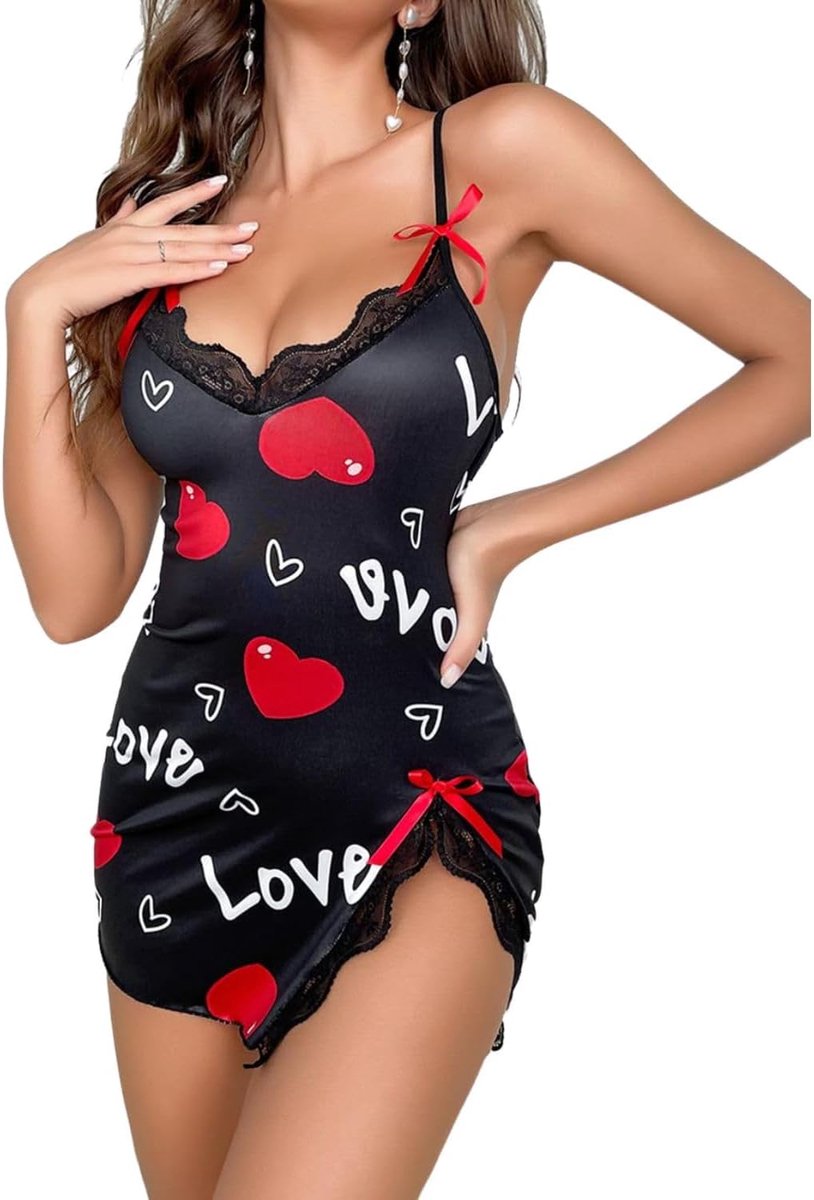 negligé voor dames, V-hals, nachthemd, lingerie, babydoll, hart en luipaardprint, mini-jurk, zijsplit, nachtkleding, kant, trim, onderjurk, verstelbare spaghettibandjes, sleepwear
