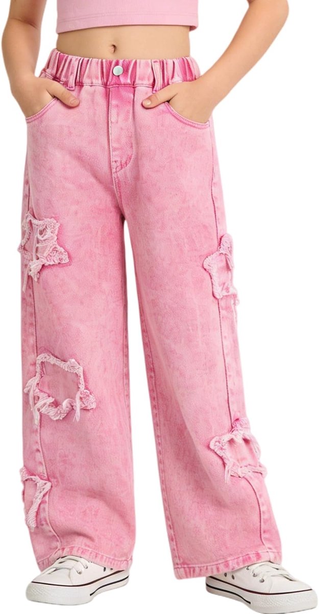 Jeans voor meisjes met losse elastische denim tailleband, blauwe spijkerbroek met modieuze scheuren