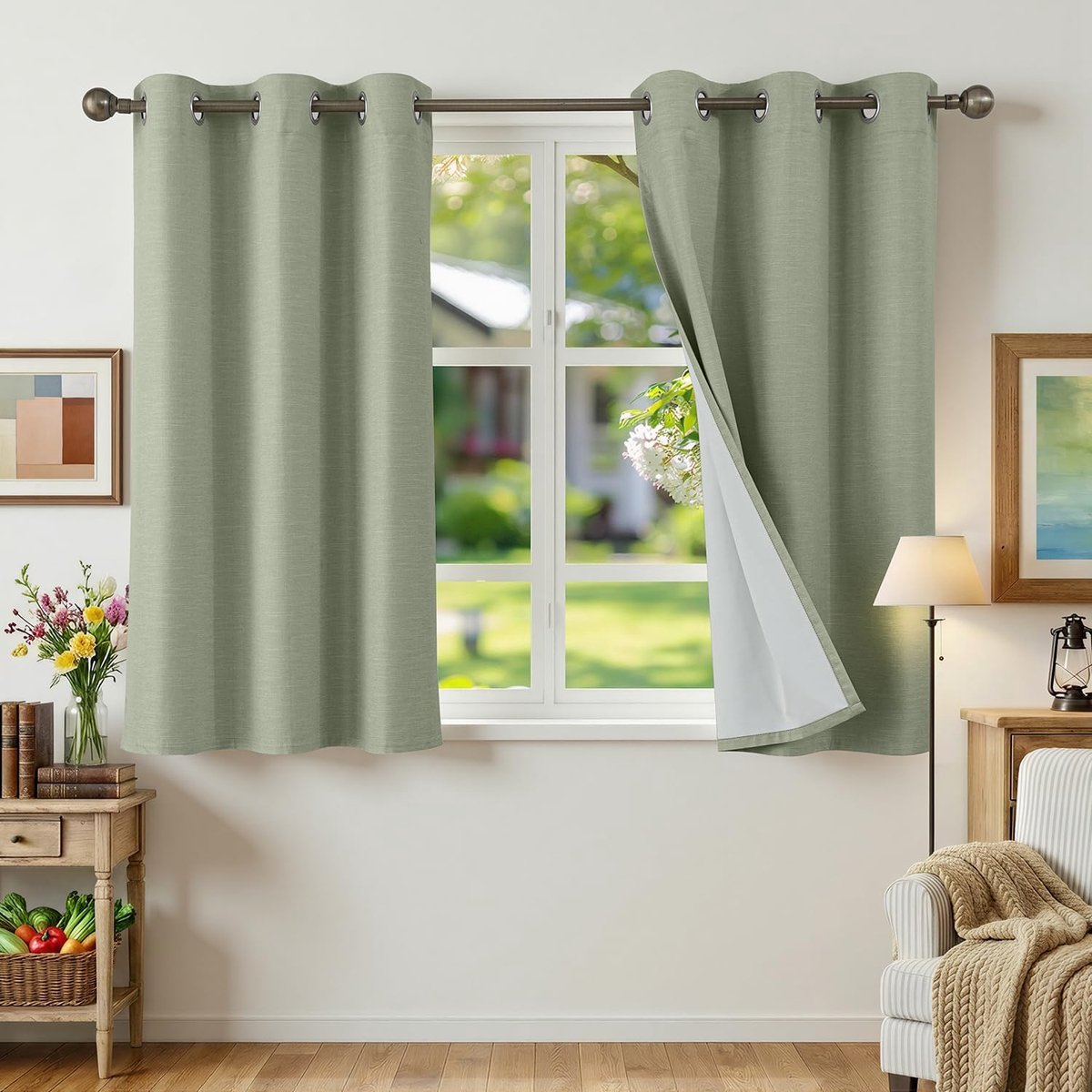 100% verduisteringsgordijn, linnen, isolerend, tegen hitte, 2 stuks, 90 x 120 cm, met oogjes, saliegroen, anti-kou, UV, geluid, decoratie voor slaapkamer, woonkamer, verduisteringsgordijnen, 2