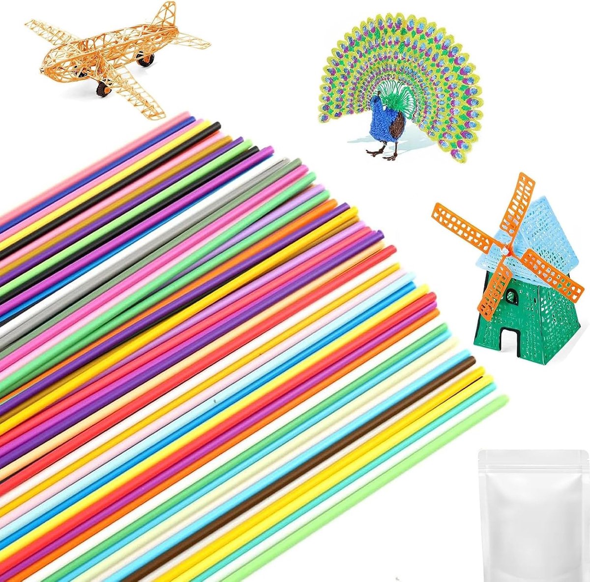 300 stuks 3D-penfilament, 2,5 mm, kleurrijk filament, plastic, 30 kleuren, 3D Doodler pen navulverpakkingen, printstift filament, compatibel met 3D-printing S-tift filapen, navulverpakking, voor PCL