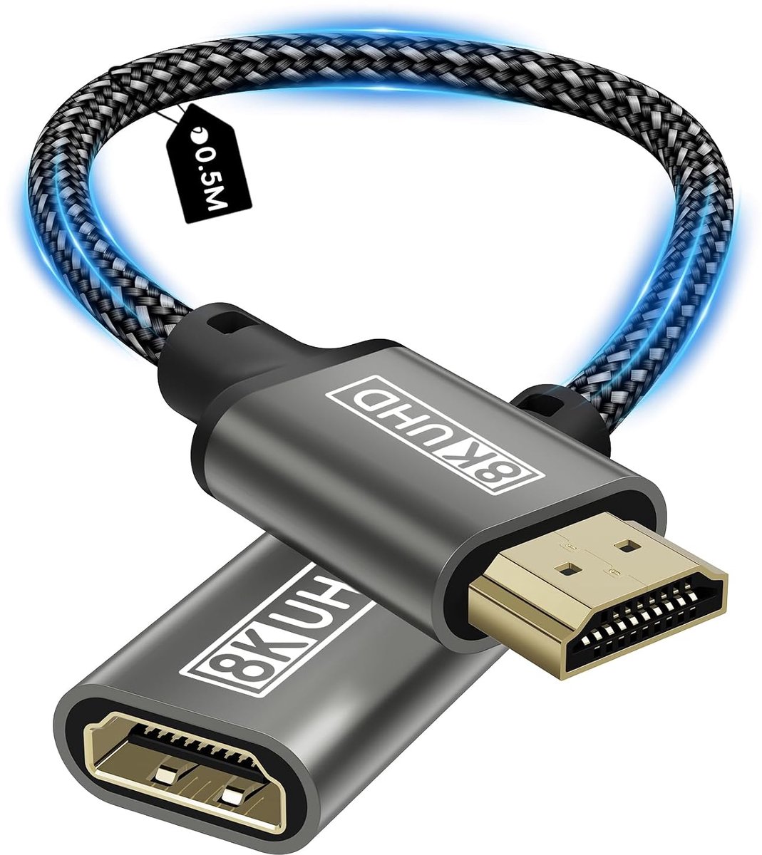 HDMI Verlengkabel, 8K Mannelijke naar Vrouwelijke HDMI Verlengkabel 48 Gbps Ultrasnelle UHD HDR ARC 3D Compatibel met TV Stick, Roku, Blu-Ray, Xbox, PS5, HDTV, Laptop - 0,5 m