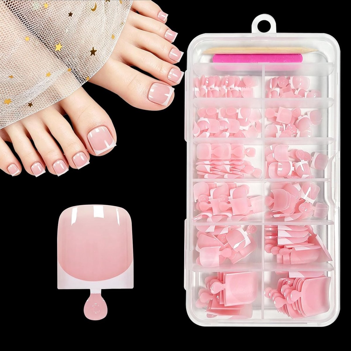Kunst-teennagels, met French tip, 120 stuks, kant-en-klaar opplakbaar, acryl kunstnagels in 12 maten, opplak-teennagels voor dames, French tip, cadeau voor meisjes, eenvoudige toepassing