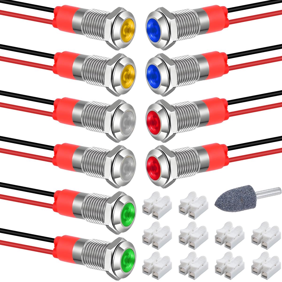 Metalen led-controlelampje 8 mm (5/16 inch) metalen led-signaallamp 12 V-24 V DC waterdichte platte kop waarschuwingslichten (groen, oranje, rood, blauw, wit) - 10 stuks