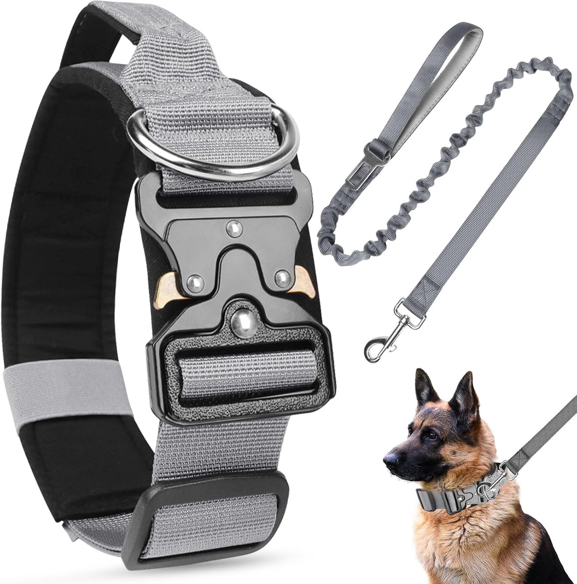 Hondenhalsband, robuust, brede halsband met handvat en zacht gewatteerd, verstelbaar, comfortabele halsband voor kleine, middelgrote en grote hondentraining (grijs+riem, XL)