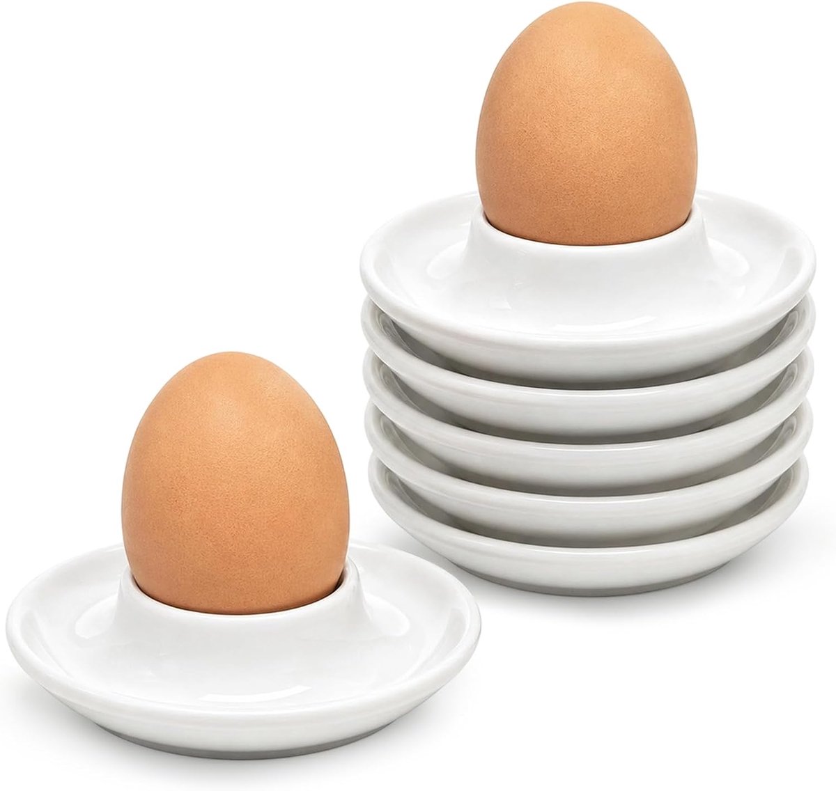 Set van 6 eierdopjes porselein, wit, eierdopjes, keramiek, rond, eierbord, ontbijt, eierhouder, stapelbaar, vaatwasmachinebestendig, moderne eierdopjes voor eettafel, keuken, camping