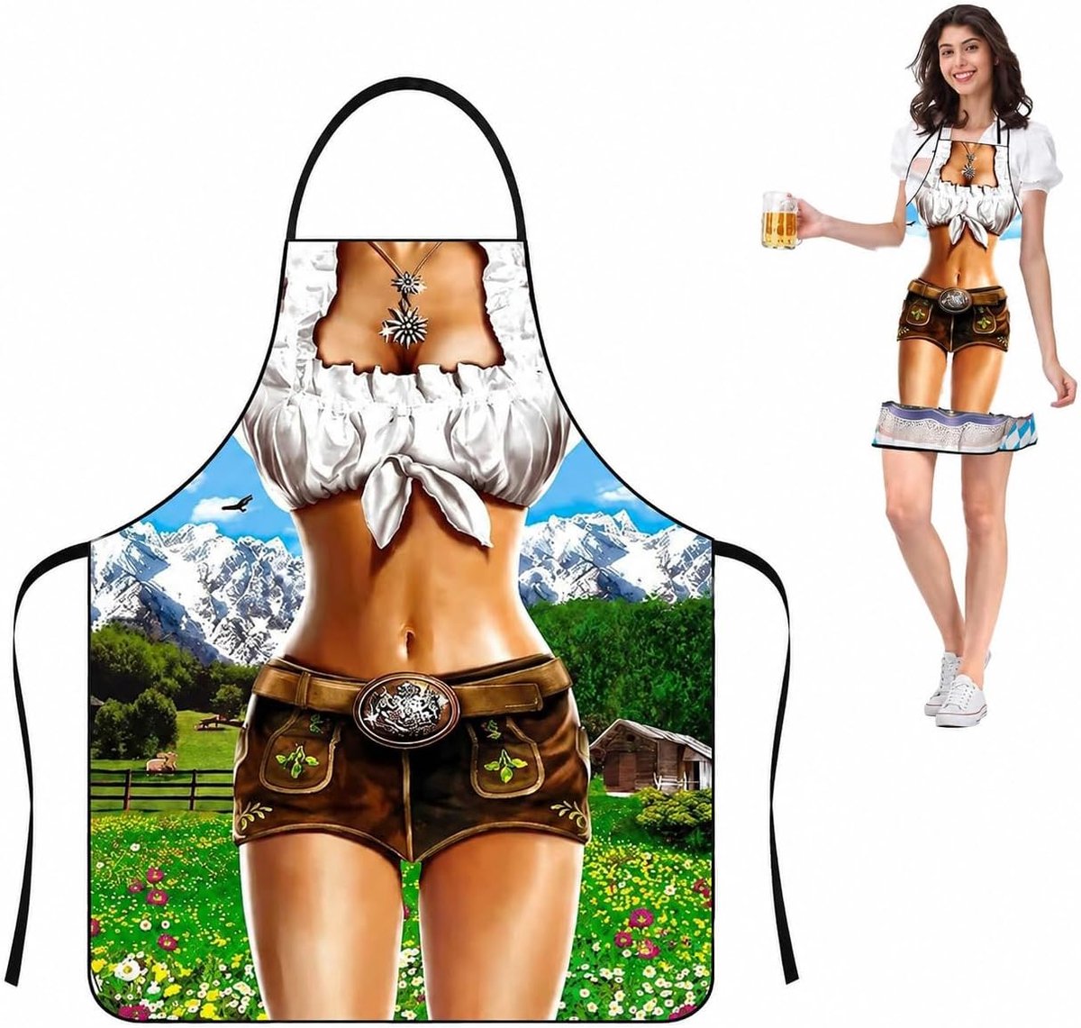 Dames jurk schort – Oktoberfest thema keuken- en BBQ schort voor volwassenen, kleurrijk Alpen design, duurzaam en wasbaar, feestdecoratie en verkleedaccessoire
