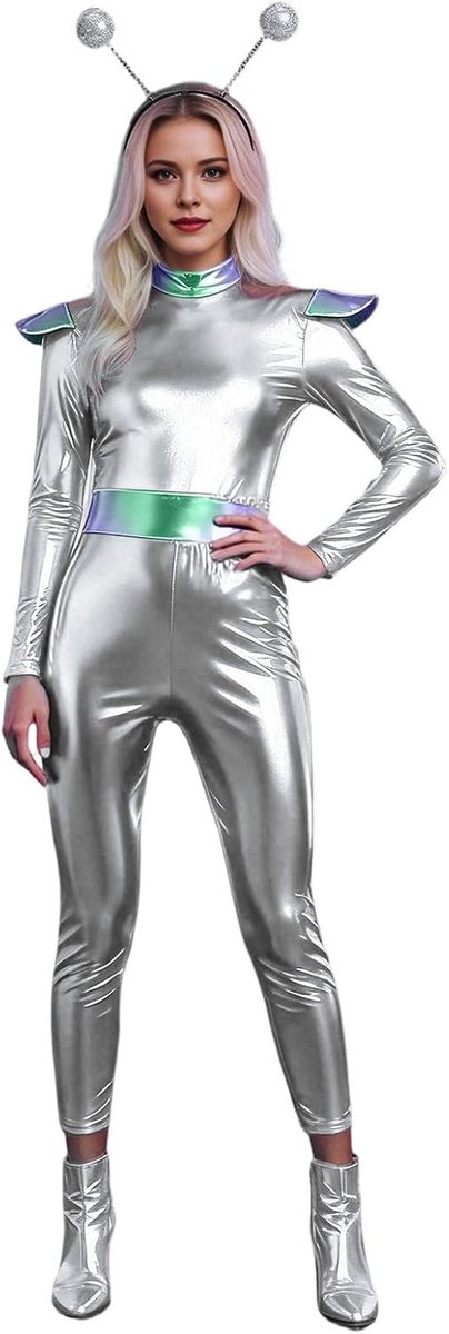 Futuristisch cosplay-kostuum voor volwassenen, elegante outfit in tuinstijl, geïnspireerd op sciencefiction.