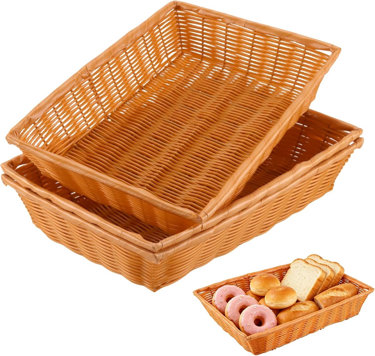 3 stuks gevlochten broodmand, 40 x 30 x 8 cm, broodmand, rechthoekig, groot, stapelbare rieten mand van polyrotan, gevlochten mand opslag en keukenorganizer voor hotel, restaurant en thuis