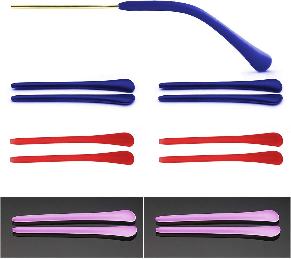 6 paar siliconen afdekkingen glazen armen, antislip siliconen hoezen, reserveonderdelen, vervangende accessoires, voor metalen dunne zonnebrilbenen (rood/roze/blauw)