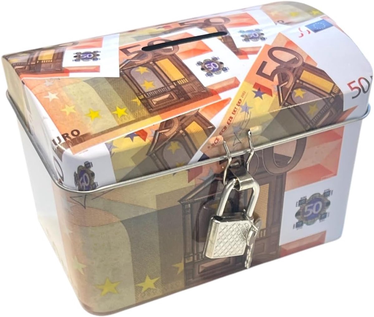 Spaarpot van metaal met hangslot, ontwerp van eurobankbiljetten, decoratieve spaarpot
