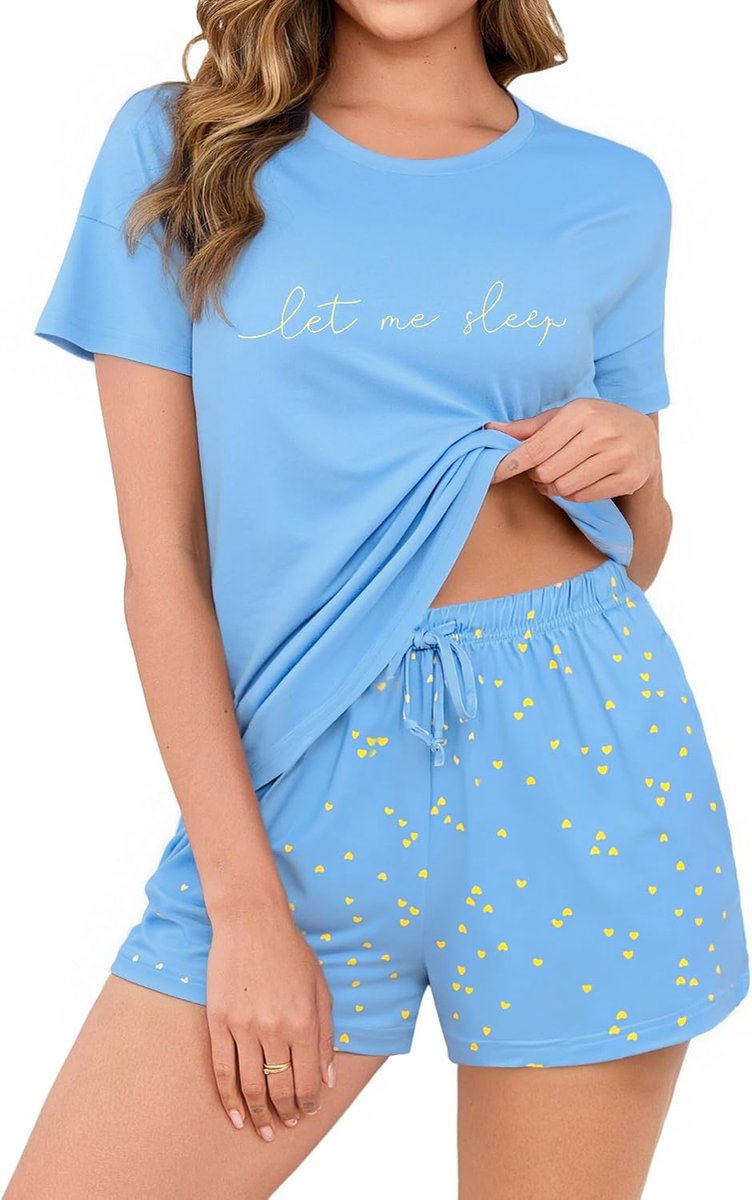 Pyjama voor dames, korte pyjama, korte pyjama, katoen, vrouwen, nachtkledingset, tweedelige top met korte mouwen en pyjamabroek, loungewear, vrijetijdspak voor de zomer
