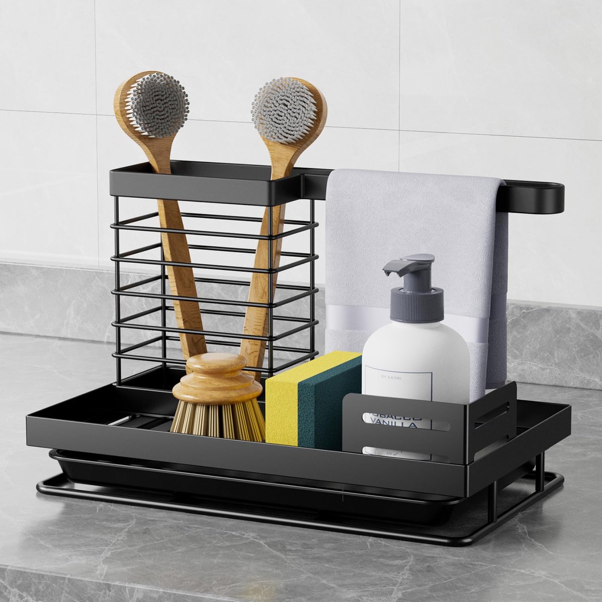 Famanu – Wastafelorganizer, gootsteenorganizer, sponshouder met afvoerpan, keukenorganizer, spoeldoekhouder voor keukenaccessoires, spons/borstel/spoelzeep