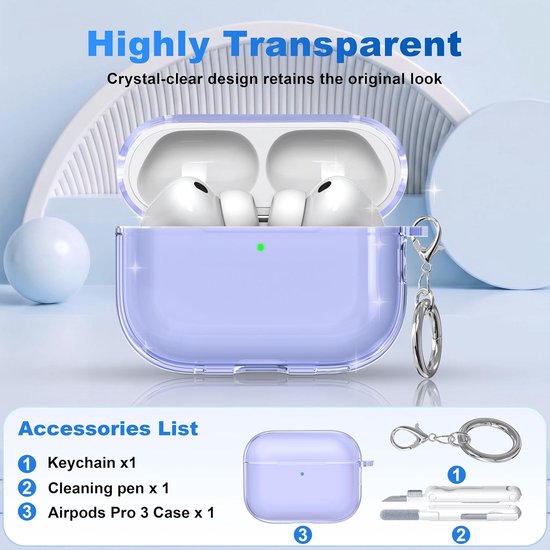 Compatibel met Airpods Pro 3e generatie Hoesje, Compatibel met Airpods Pro 3 hoesje met Sleutelhanger, Doorzichtig Zacht Transparant Schokbestendig Hoesje Van Militaire Kwaliteit,Paars — afbeelding 4