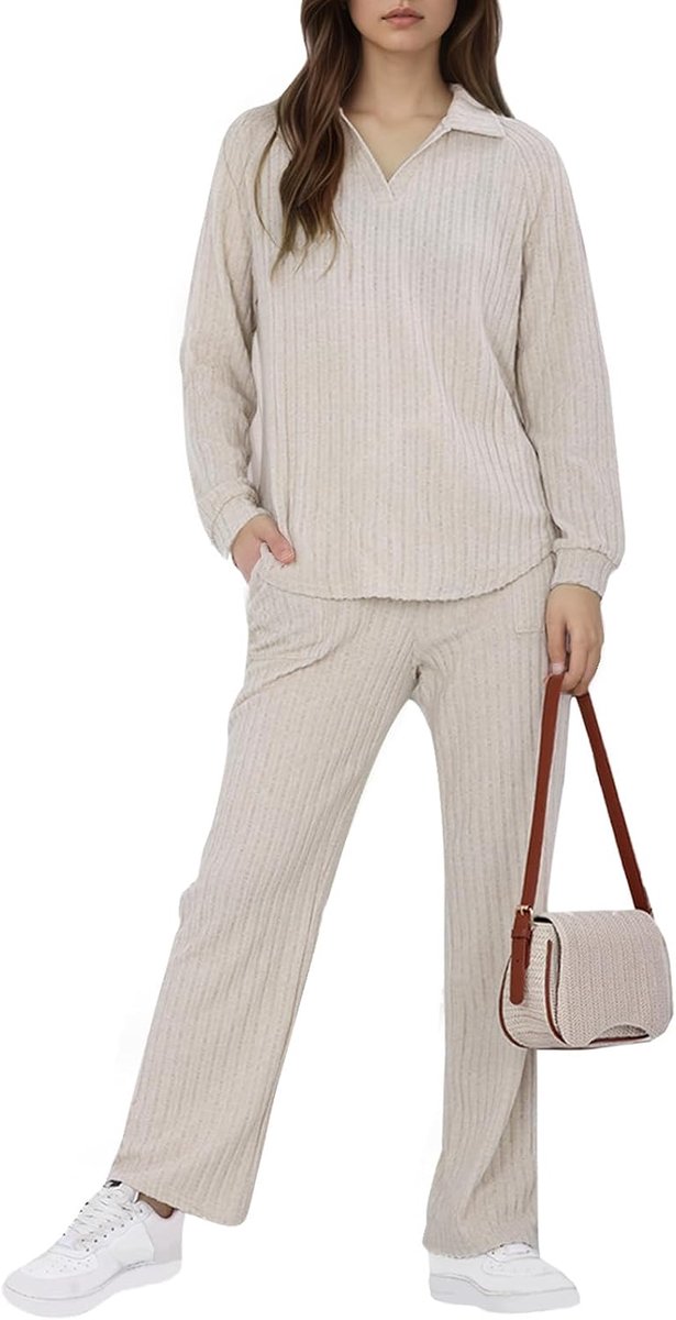 2-delige pyjama met lange mouwen loungewear loungewear voor dames, geribbelde huiskleding, vrijetijdsoutfit