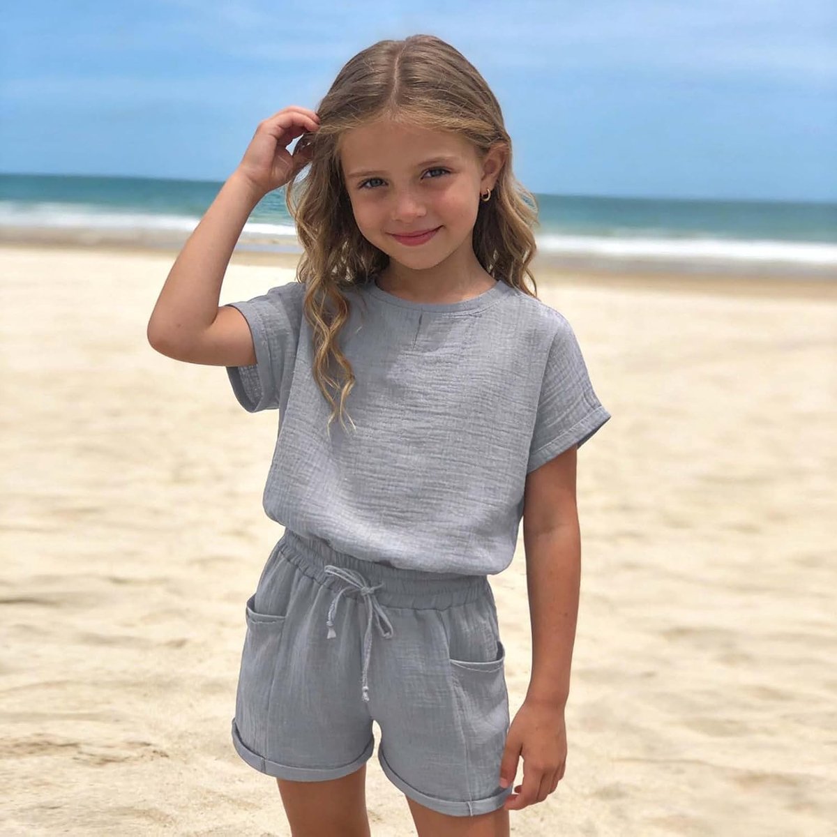 Meisjes shorts van katoen en linnen, elastische tailleband, zomerse korte broek