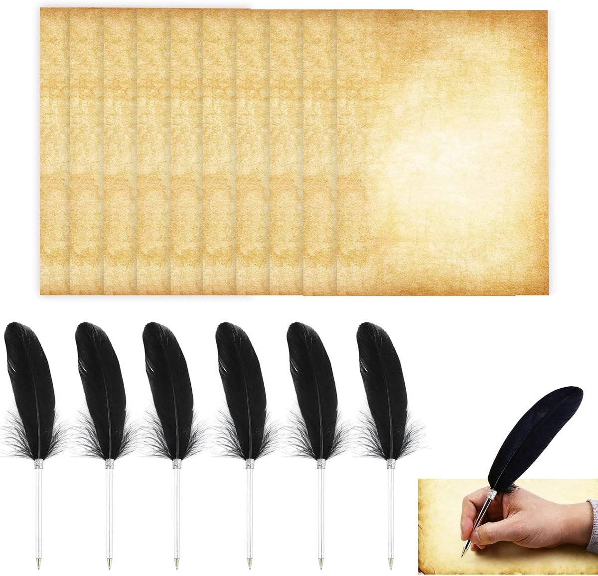 Zwarte Veer Pen Set – 6 Stuks, 25 cm, Inclusief 10 Vellen Dubbelzijdig Schrijfpapier – Retro Design voor Elegante Schrijfervaring, Perfect Cadeau voor Zakelijke Partners en Vrienden