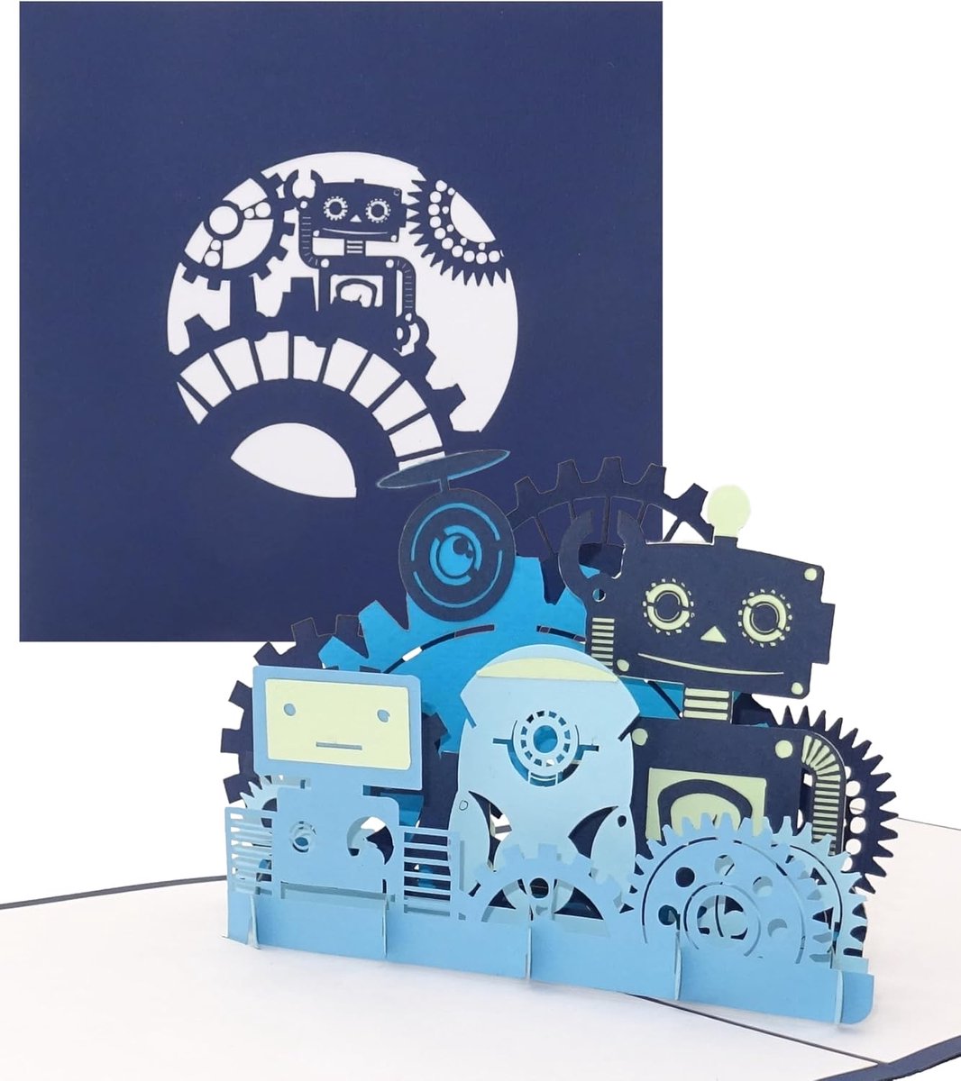 kaart "Funny Robots" - grappige robot 3D wenskaart als verjaardagskaart, voucher uitnodigingskaart - als cadeaubon of cadeau voor kinderverjaardag en eerste schooldag