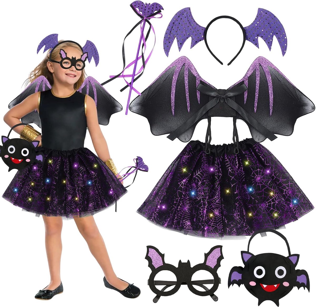 6 stuks vleermuiskostuum voor meisjes, vleermuiskostuumset, Halloween-kostuum voor kinderen, led-tule rok, vleermuisvleugels, led-verlichting, vleermuishaarband voor Halloween, carnaval, cosplay,