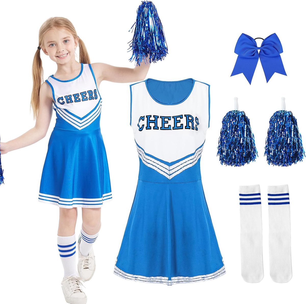 Carnavaljurk voor meisjes, cheerleader-kostuum voor meisjes met pompon, cheerleader en haarspelden met strik, carnavalsjurk voor meisjes