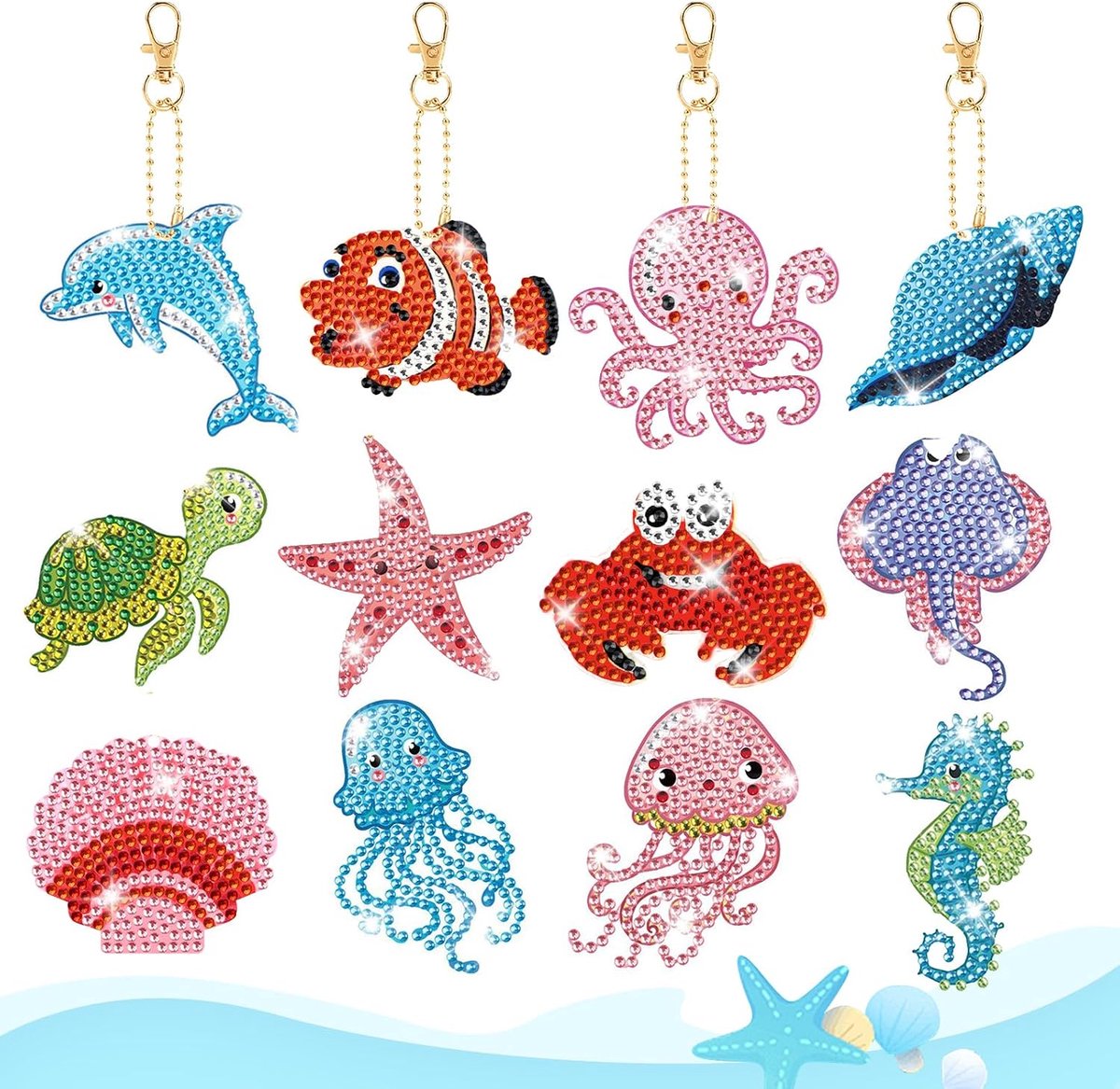 12 stuks dolfijn diamant schilderij sleutelhangers, diamanten sleutelhanger voor kinderen, schattige cartoon-hangers geschenken