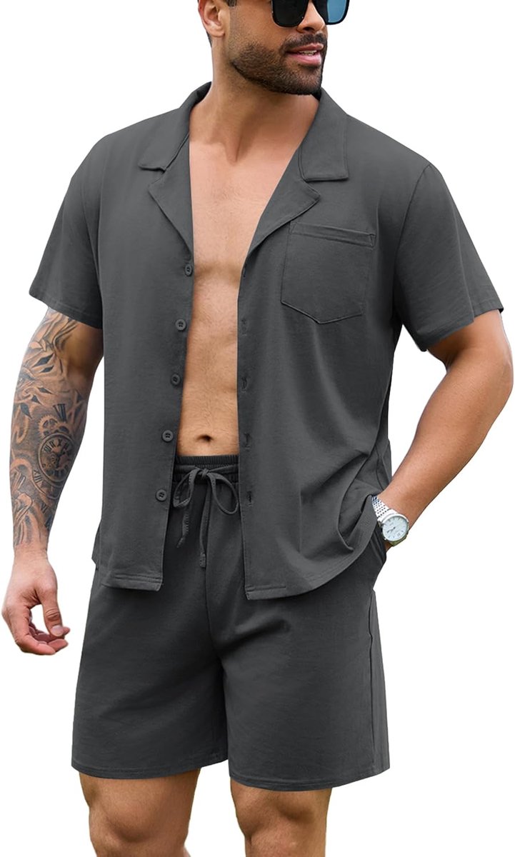 Herenpyjama-set met korte mouwen, geruite pyjama's, katoen, geruite loungewear, top en broek, 2-delige nachtkleding, nachtkleding klassiek met zakken