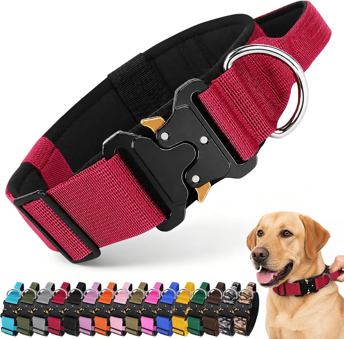 hondenhalsband, verstelbare basic militaire halsband met bedieningshandvat en zwaar belastbare metalen gesp, zacht gewatteerde, ademende nylon halsband voor middelgrote en grote honden