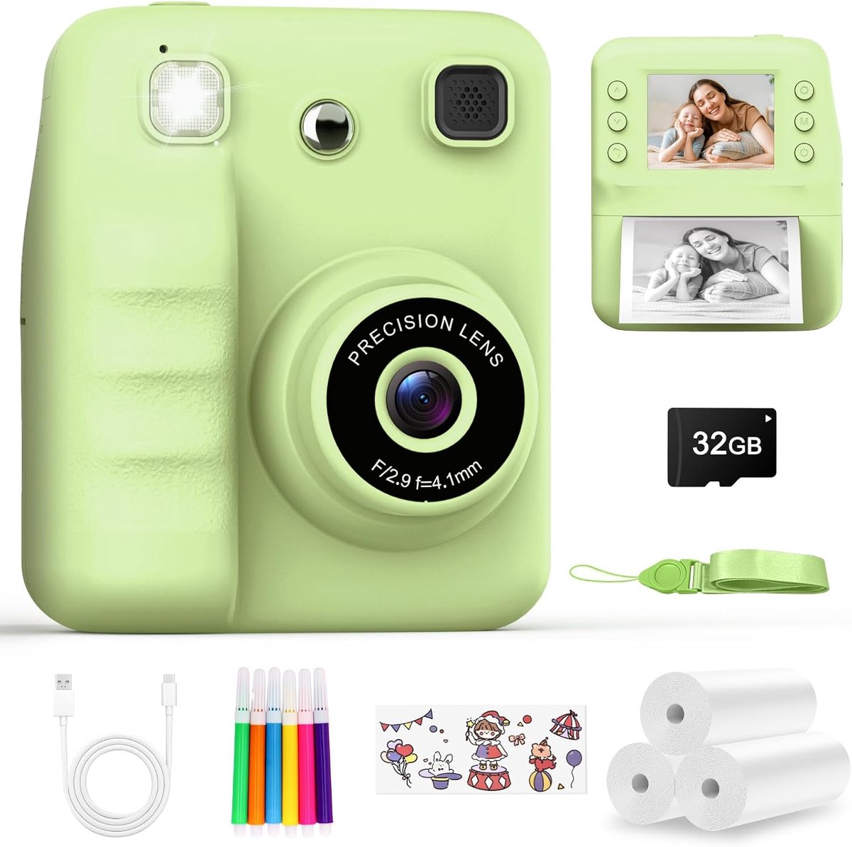 camera voor kinderen, kindercamera met printpapier en 32 GB kaart, 2,4 inch HD-display, video 1080p, selfie en games, cadeau voor Kerstmis, verjaardag, voor meisjes en jongens, 3 tot 12 jaar